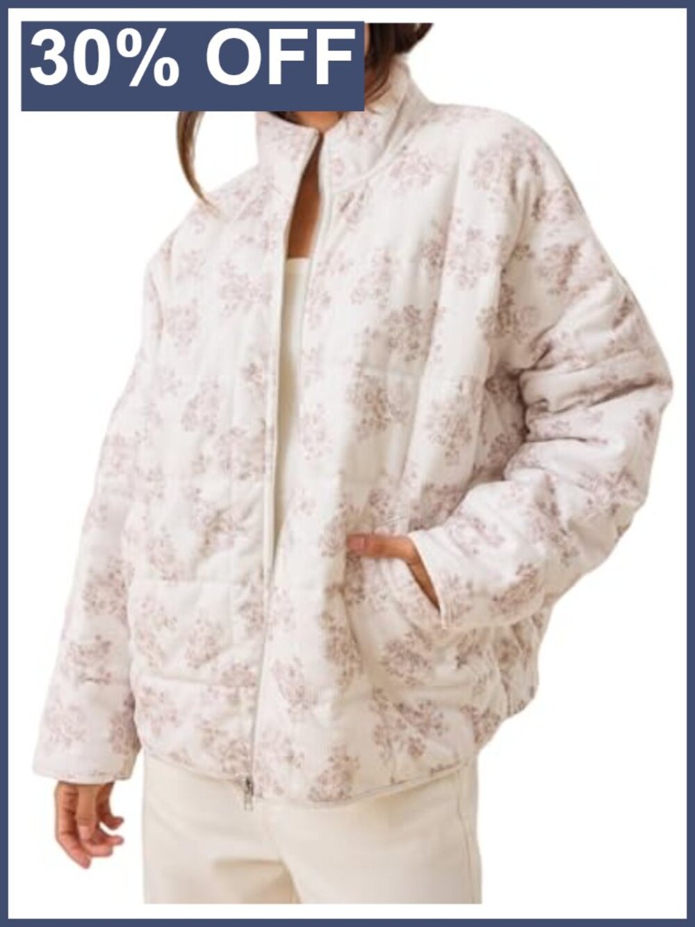 Lightweight Quilted Floral Zip Up Jacket with Pockets